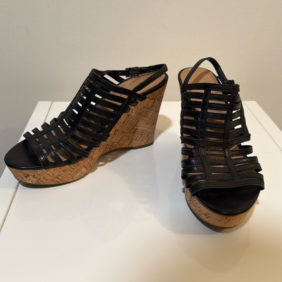 Franco Sarto Sombre Black Strappy Cork Wedge Open Toe Sandals Heels Size 7 - Picture 1 of 7